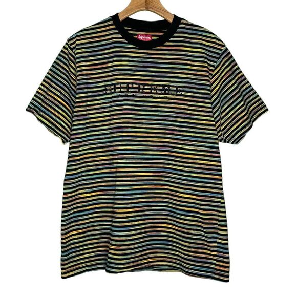 Supreme New York Static Stripe Top Black Short Sleeve T-Shirt Men's Sz M - Picture 1 of 4
